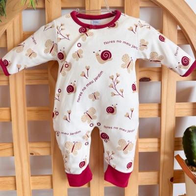 Macacão Trape Zape Sem Pézinho -Borboletas Flores no Meu Jardim - Off White e Bordô